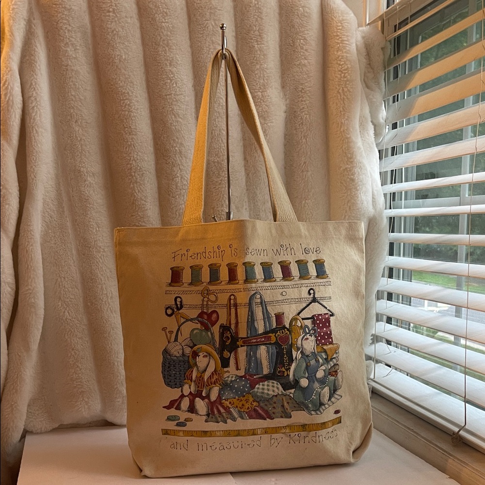 Bunny Canvas Tote Bag with  Sewing Theme